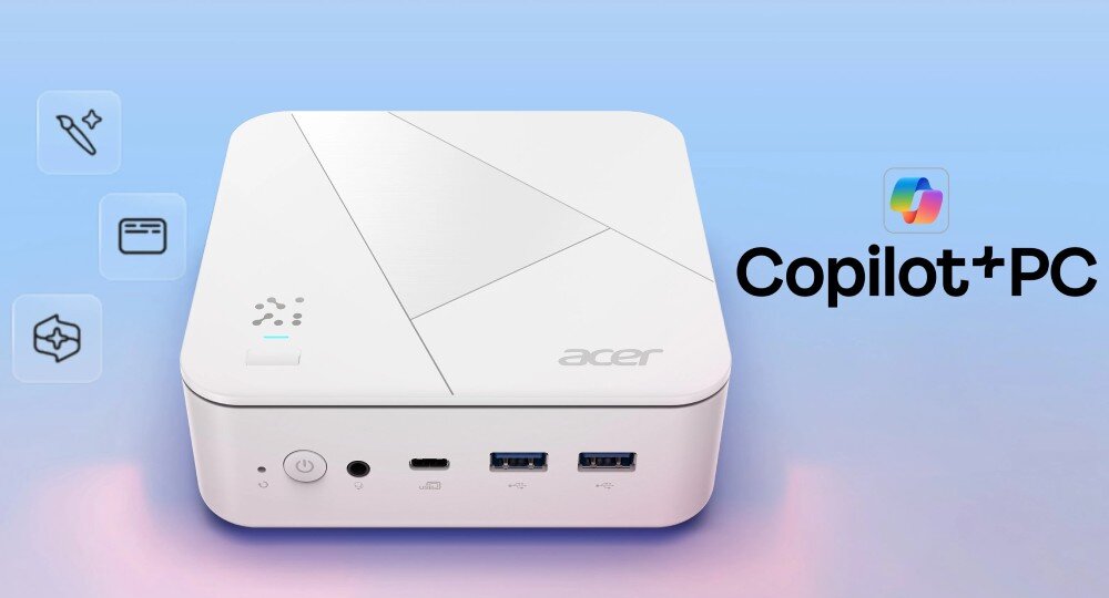 Komputer ACER Revo Box RB102-KRK Kompaktowy komputer stacjonarny umieszczony centralnie na jasnym tle z ikonicznym napisem 'Copilot+PC' i ikonami funkcji