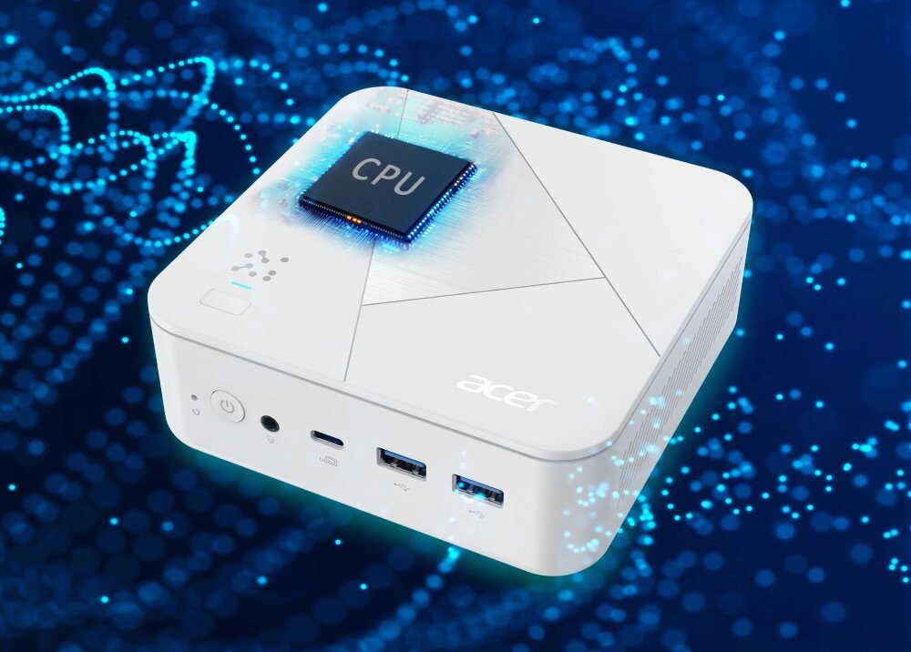 Komputer ACER Revo Box RB102-KRK Kompaktowy komputer stacjonarny z graficznie nałożonym widokiem procesora 'CPU' oraz świecącymi punktami wokół obudowy