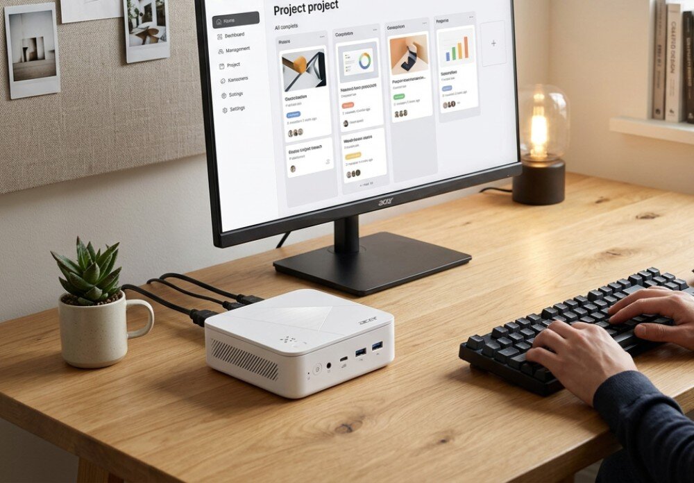 Komputer ACER Revo Box RB102-KRK Kompaktowy komputer stacjonarny podłączony do monitora na drewnianym biurku z klawiaturą, myszką i dłonią użytkownika
