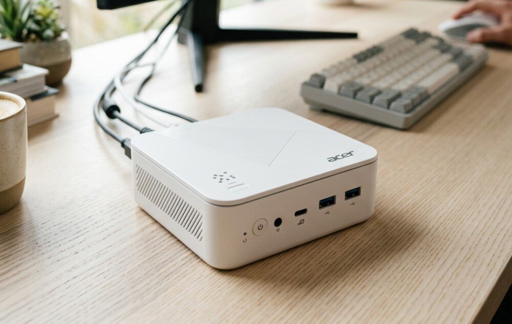 Komputer ACER Revo Box RB102-KRK Kompaktowy komputer stacjonarny ustawiony na ciemnym biurku obok słuchawek, zwiniętego kabla, klawiatury i monitora