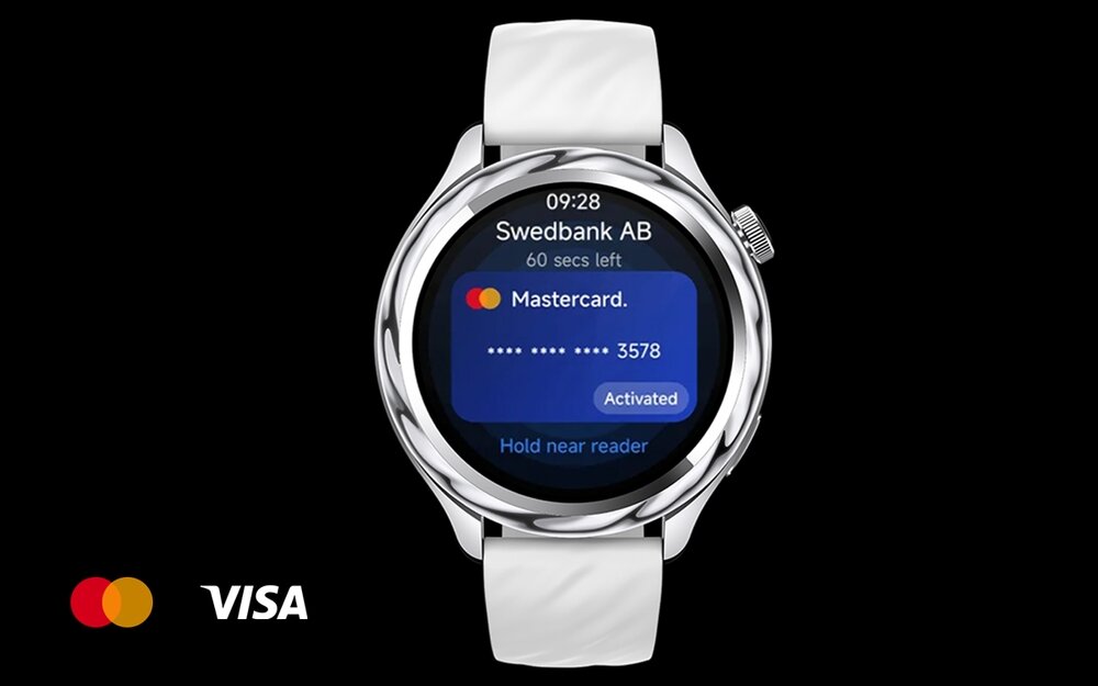 Smartwatch z białym paskiem wyświetla ekran z informacjami o płatności kartą Mastercard. Widoczne są loga Mastercard i VISA na czarnym tle.