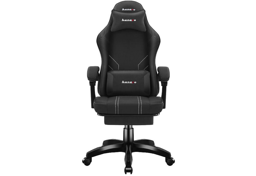 Fotel HUZARO Force 3.7 Czarny prezentacja fotela na białym tle od przodu oddychający materiał odporny na ścieranie miękkie wypełnienie oparcia i siedziska dostosowuje się do sylwetki użytkownika komfort