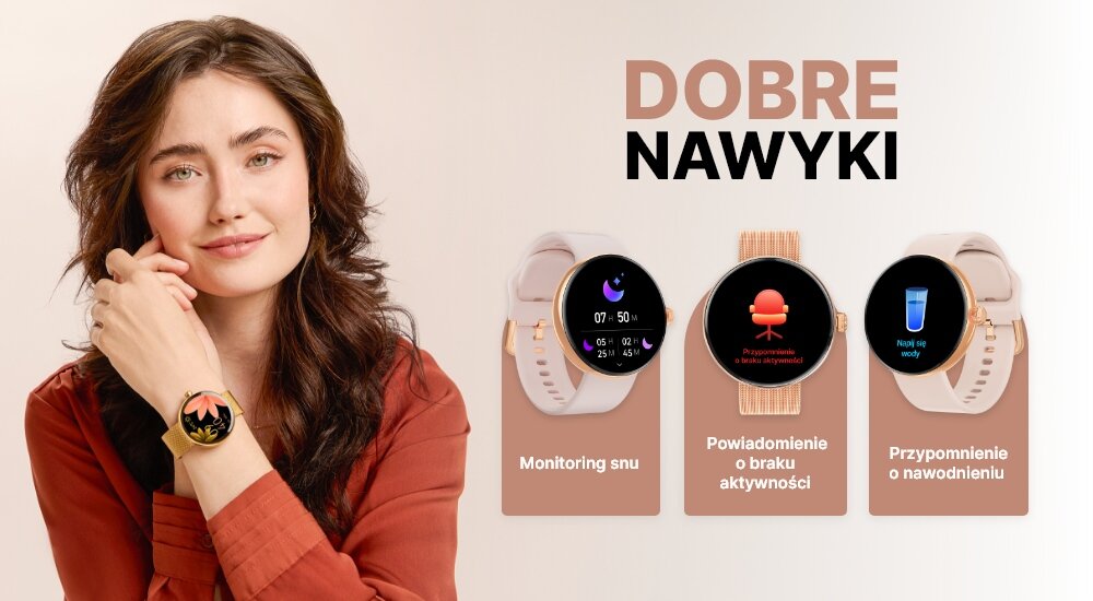 Kobieta w czerwonej bluzce prezentuje smartwatch na nadgarstku. Obok niej znajdują się trzy grafiki smartwatcha z funkcjami: \'Monitoring snu\', \'Powiadomienie o braku aktywności\', \'Przypomnienie o nawodnieniu\', a nad nimi napis \'DOBRE NAWYKI\'.