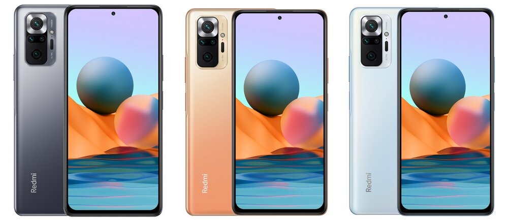 Trzy smartfony z wyświetlonymi kolorowymi grafikami na ekranach, każdy w innym kolorze obudowy: szarym, złotym i niebieskim. Na obudowach widoczne jest logo \'Redmi\'.