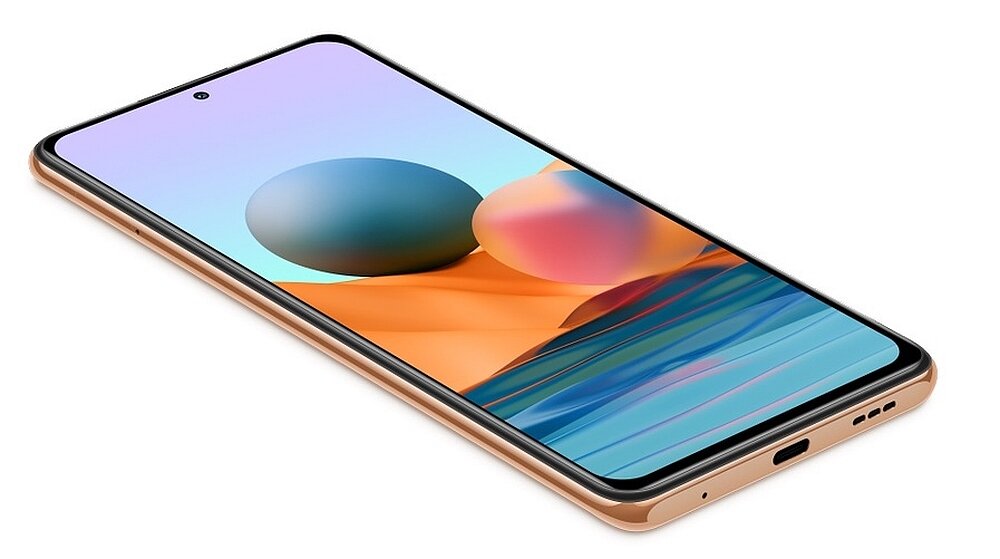 Smartfon z dużym wyświetlaczem, na którym widoczna jest kolorowa grafika z abstrakcyjnymi kształtami. Urządzenie ma cienkie ramki i port ładowania na dolnej krawędzi.