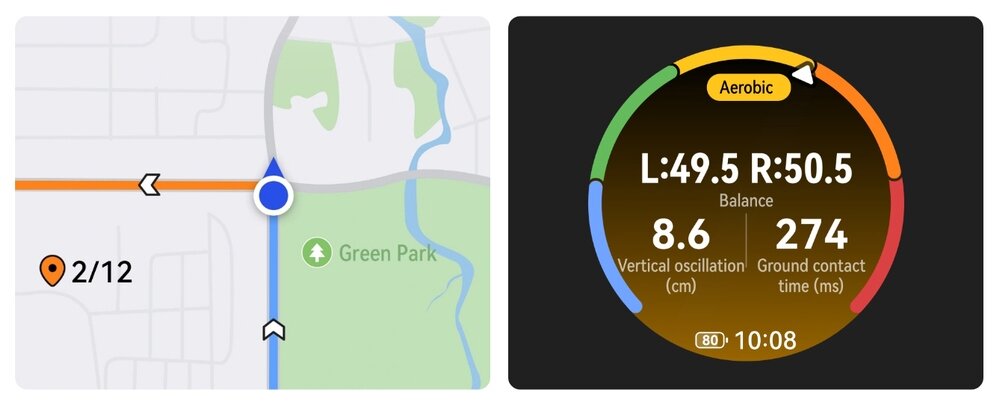 Po lewej stronie widoczna jest mapa z zaznaczoną trasą i punktem 2/12 w pobliżu Green Park. Po prawej stronie znajduje się wykres z danymi: Balance L:49.5 R:50.5, Vertical oscillation 8.6 cm, Ground contact time 274 ms, z etykietą \'Aerobic\' i czasem 10:08.