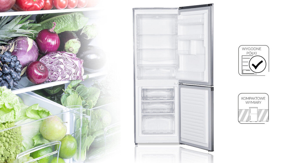 Obraz przedstawia otwartą lodówkę z widocznymi półkami i szufladami. Obok lodówki znajdują się ikony z napisami \'Wygodne półki\' i \'Kompaktowe wymiary\'.
