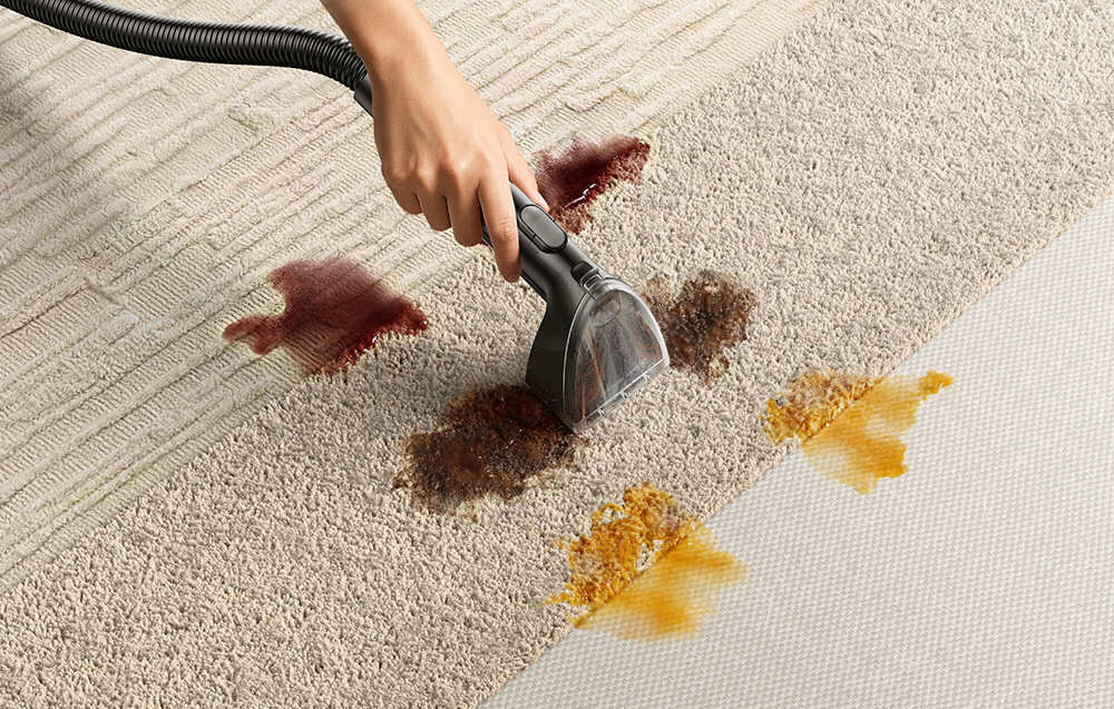 Ręka trzymająca końcówkę odkurzacza piorącego, czyszcząca dywan z widocznymi plamami. Plamy mają różne kolory, w tym czerwony i brązowy.