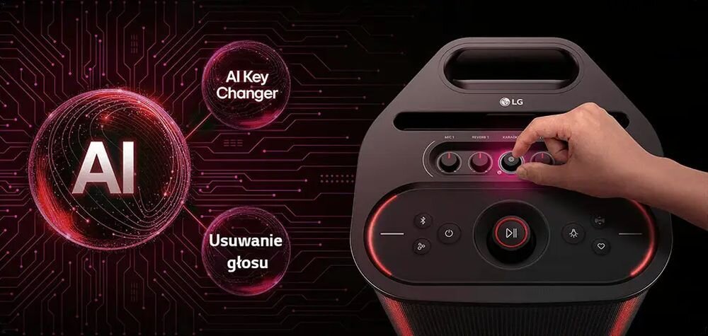 LG STAGE 501 Karaoke sztuczna inteligencja separacja wokalu funkcja Key Changer karaoke, urządzenie od góry na ciemnym tle