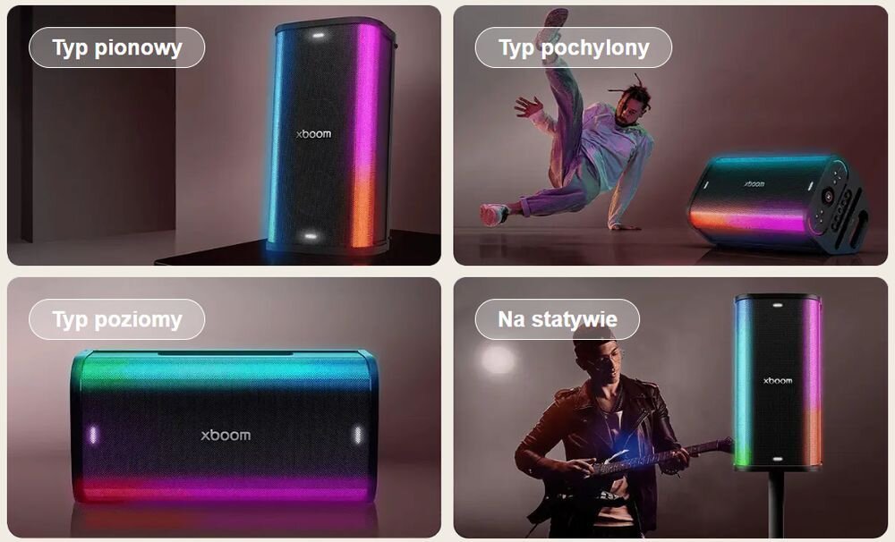 LG STAGE 501 Karaoke cztery sposoby ustawienia poziomo pionowo pod kątem na statywie, cztery ułożenia urzadzenia