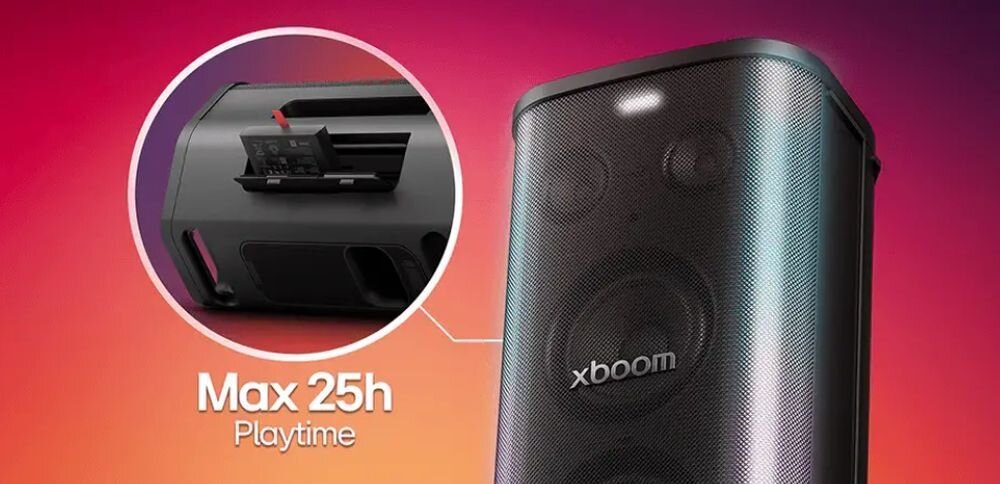 LG STAGE 501 Karaoke do 25 godzin odtwarzania wymienny akumulator 99 Wh, urządzenie na kolorowym tle