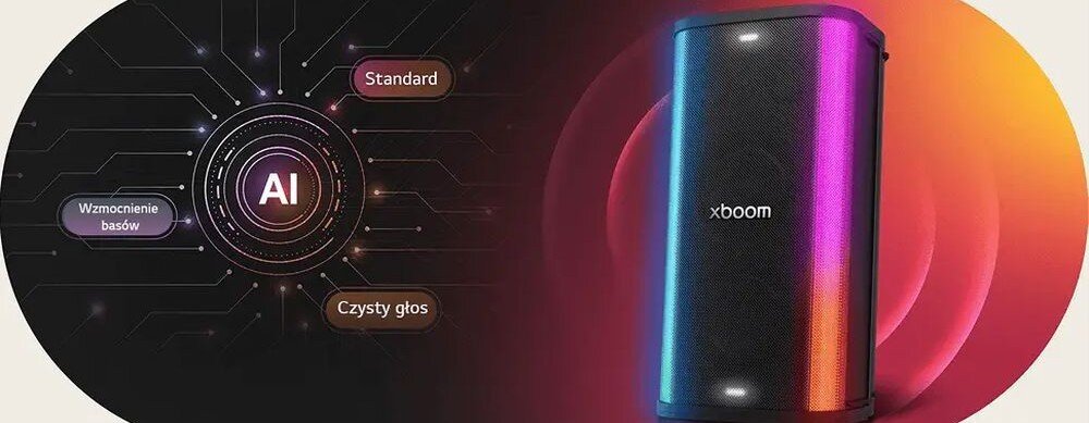 LG STAGE 501 Karaoke AI Sound analiza audio w czasie rzeczywistym regulacja basu i głosu, urządzenie na kolorowym tle