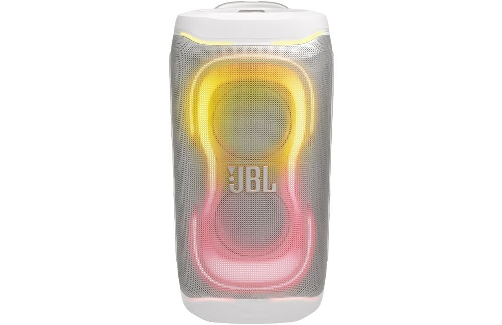 Biały głośnik z podświetleniem w kolorach żółtym i różowym, z widocznym logo \'JBL\' na przodzie.