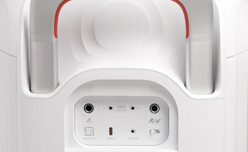 Biały panel z gniazdami optycznym, USB-C i AUX IN oraz logo JBL na górze.