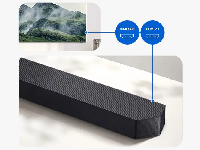 TV połączony z soundbarem ikonami HDMI (High-Definition Multimedia Interface) eARC (Enhanced Audio Return Channel) i HDMI 2.1