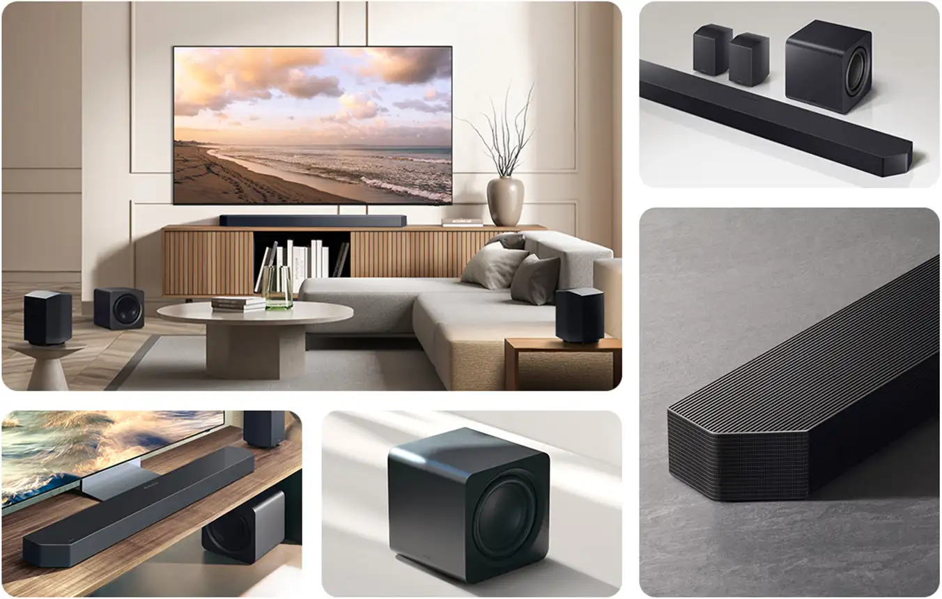2026-hw-q990h-lifestyle-gallery 1352x860 Soundbar Samsung HW-Q990H z subwooferem i głośnikami pokazany w salonie oraz na zbliżeniach urządzeń