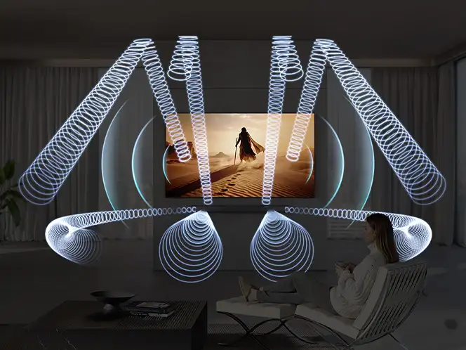2026-hw-q990h-top-4-q-symphony 664x498 Czarny soundbar Samsung HW-Q990H z falami dźwiękowymi wokół kanapy i telewizora.