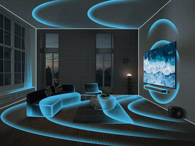 Salon z soundbarem Samsung HW-Q990H i świetlnymi falami dźwięku w pomieszczeniu