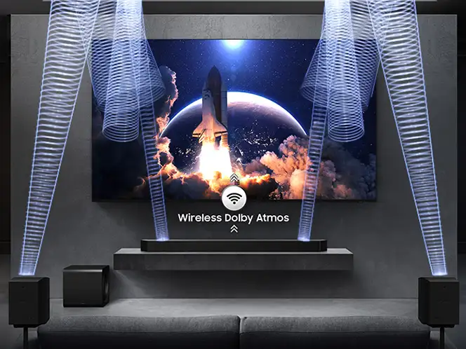 Czarny soundbar Samsung HW-Q990H przed telewizorem z liniami symbolizującymi dźwięk.