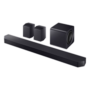 Czarny soundbar HW-Q990H z bezprzewodowym subwooferem i tylnymi głośnikami kina domowego.