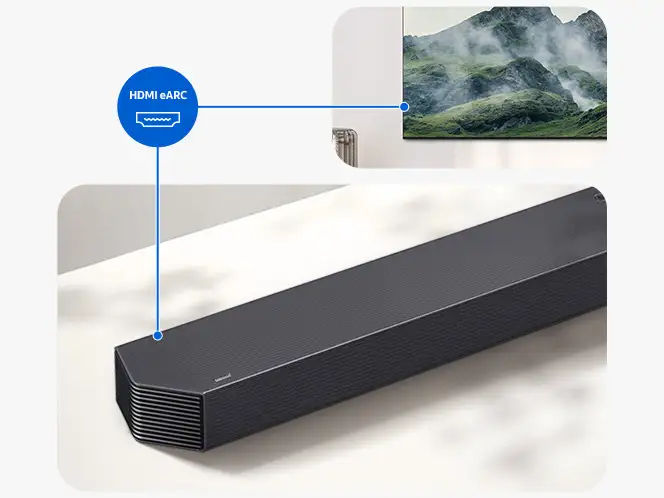 TV połączony z soundbarem ikonami HDMI (High-Definition Multimedia Interface) eARC (Enhanced Audio Return Channel) i HDMI 2.1