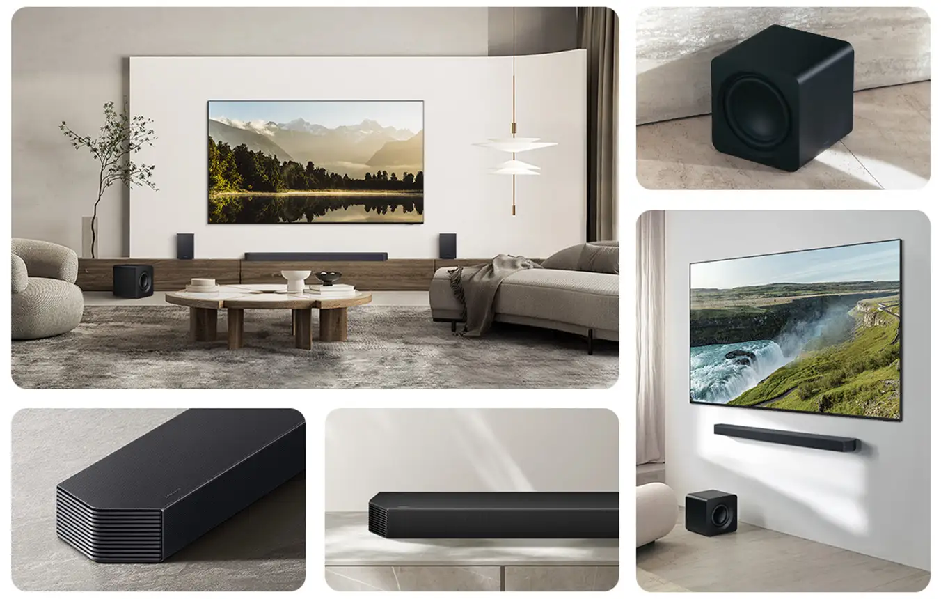 2026 hw-q930h lifestyle gallery 1352x860 Soundbar Samsung HW-Q930H z subwooferem i tylnymi głośnikami przy telewizorze w jasnym salonie oraz na zbliżeniach urządzeń.