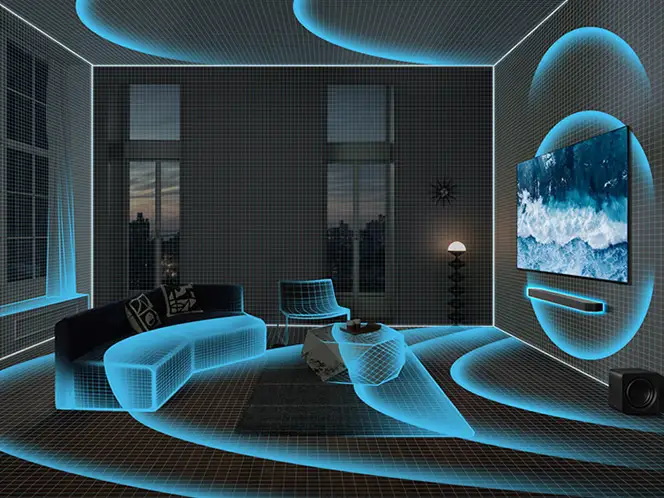 2026-hw-q930h-top-4-spacefit-sound-pro 664x498 Salon z soundbarem Samsung HW-Q930H i świetlnymi falami dźwięku w pomieszczeniu.