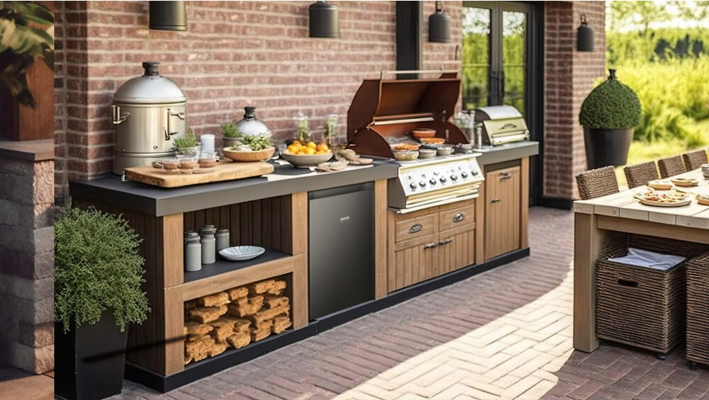 Na obrazie widoczna jest zewnętrzna kuchnia z grillem, piecem do pizzy i lodówką w zabudowie, otoczona ceglaną ścianą. Na blacie znajdują się różne naczynia i produkty spożywcze.