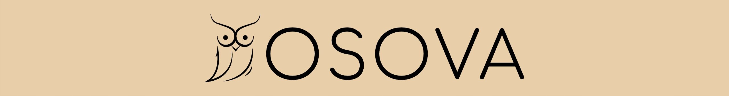Logo z napisem OSOVA na beżowym tle, z grafiką przypominającą sowę po lewej stronie napisu.
