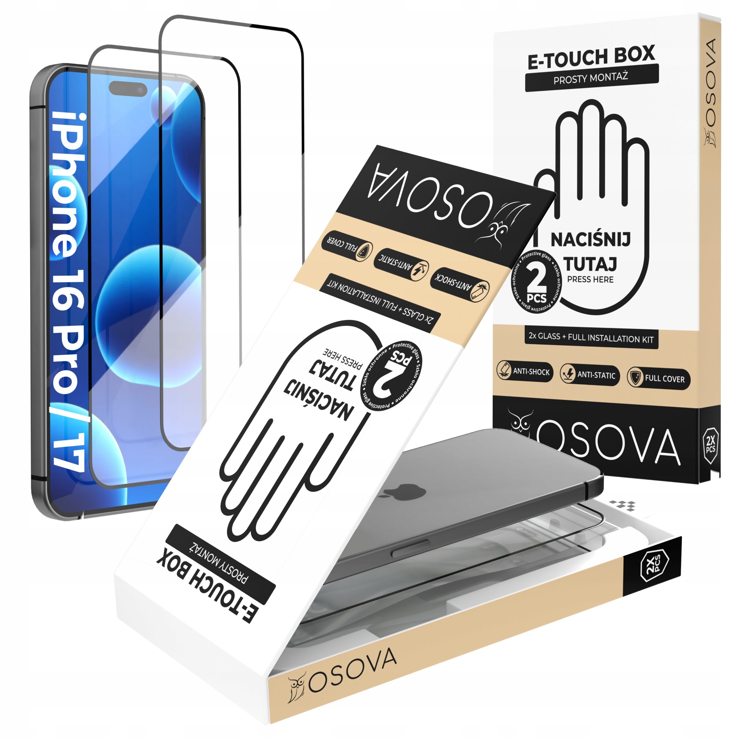 Na zdjęciu widoczne jest opakowanie szkła hartowanego Osova do iPhone 17 Pro Max z aplikatorem, zawierające dwie sztuki. Na opakowaniu znajdują się napisy: \'E-TOUCH BOX\', \'PROSTY MONTAŻ\', \'NACIŚNIJ TUTAJ\', \'2 PCS\', \'2x GLASS + FULL INSTALLATION KIT\', \'ANTI-SHOCK\', \'ANTI-STATIC\', \'FULL COVER\', oraz logo \'OSOVA\'.