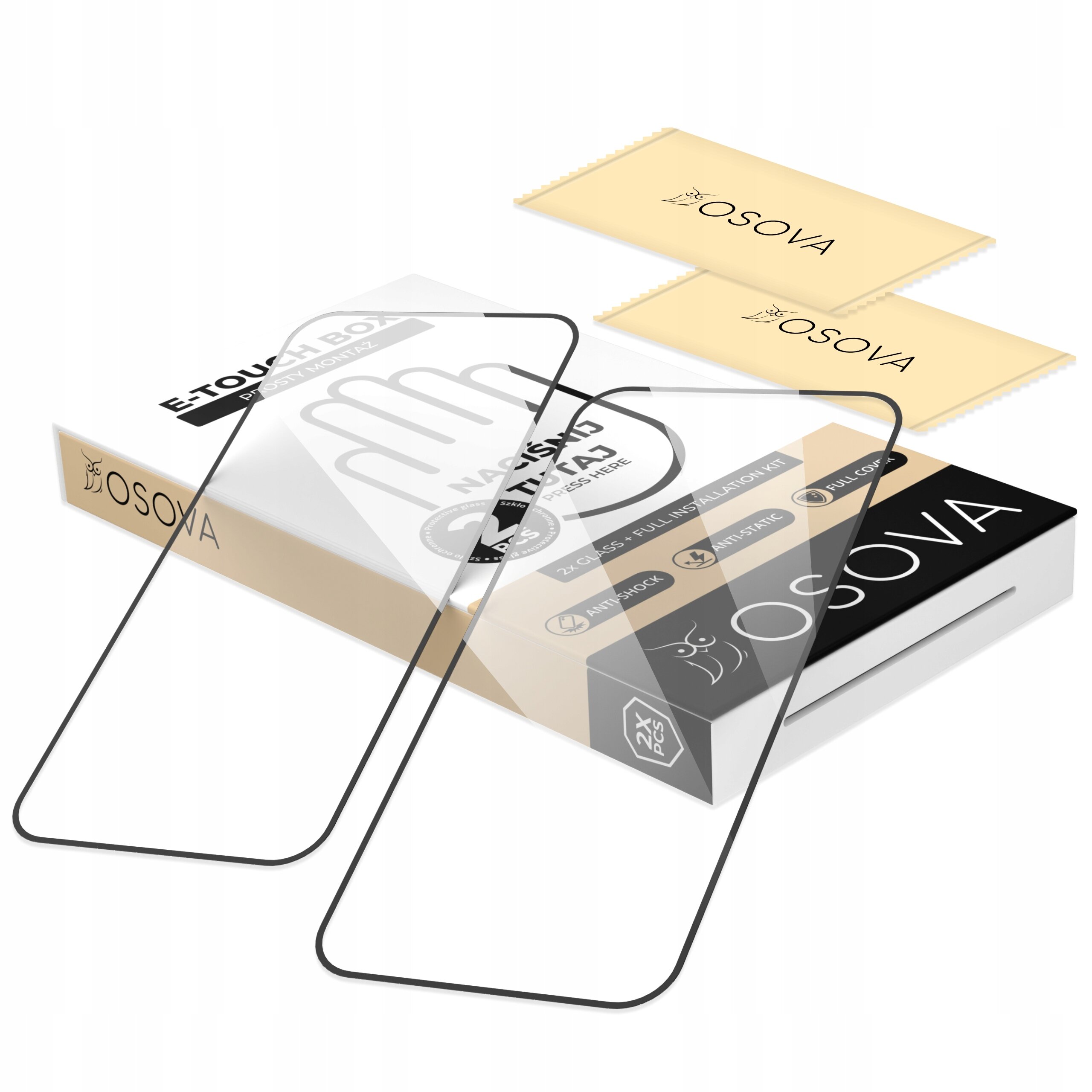 Na zdjęciu widoczne są dwa szkła hartowane z aplikatorem oraz opakowanie z napisem \'Osova\'. Opakowanie zawiera teksty \'E-TOUCH BOX\', \'NAKŁADKA\', \'2X GLASS\', \'ANTI SHOCK\', \'FULL HD ALL VIEW\', \'ANTI SCRATCH\'.