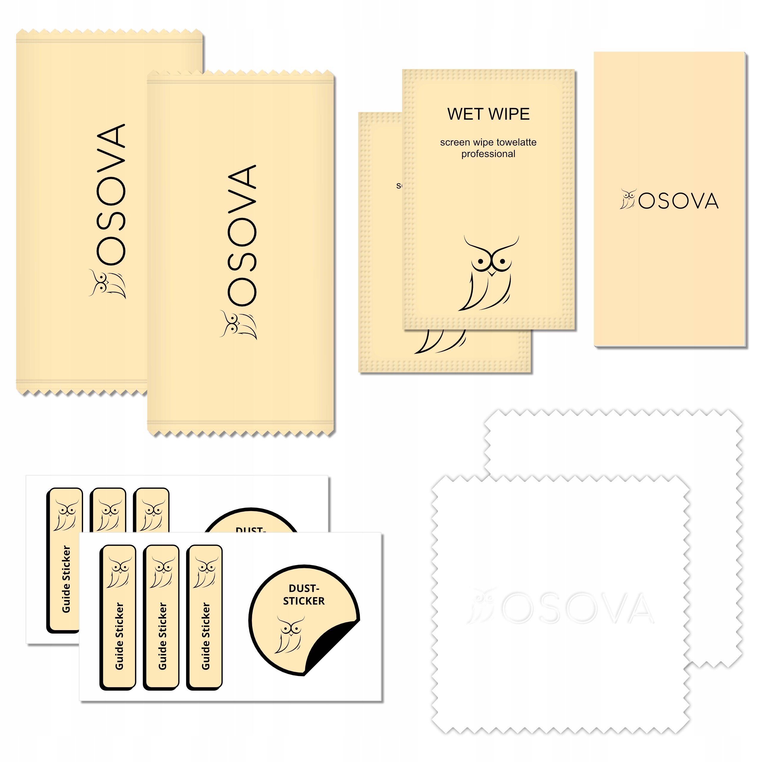 Zestaw akcesoriów do czyszczenia ekranu, w tym ściereczki z logo OSOVA, naklejki \'Guide Sticker\' i \'Dust-Sticker\', oraz opakowanie \'Wet Wipe\' z napisem \'screen wipe towelatte professional\'.