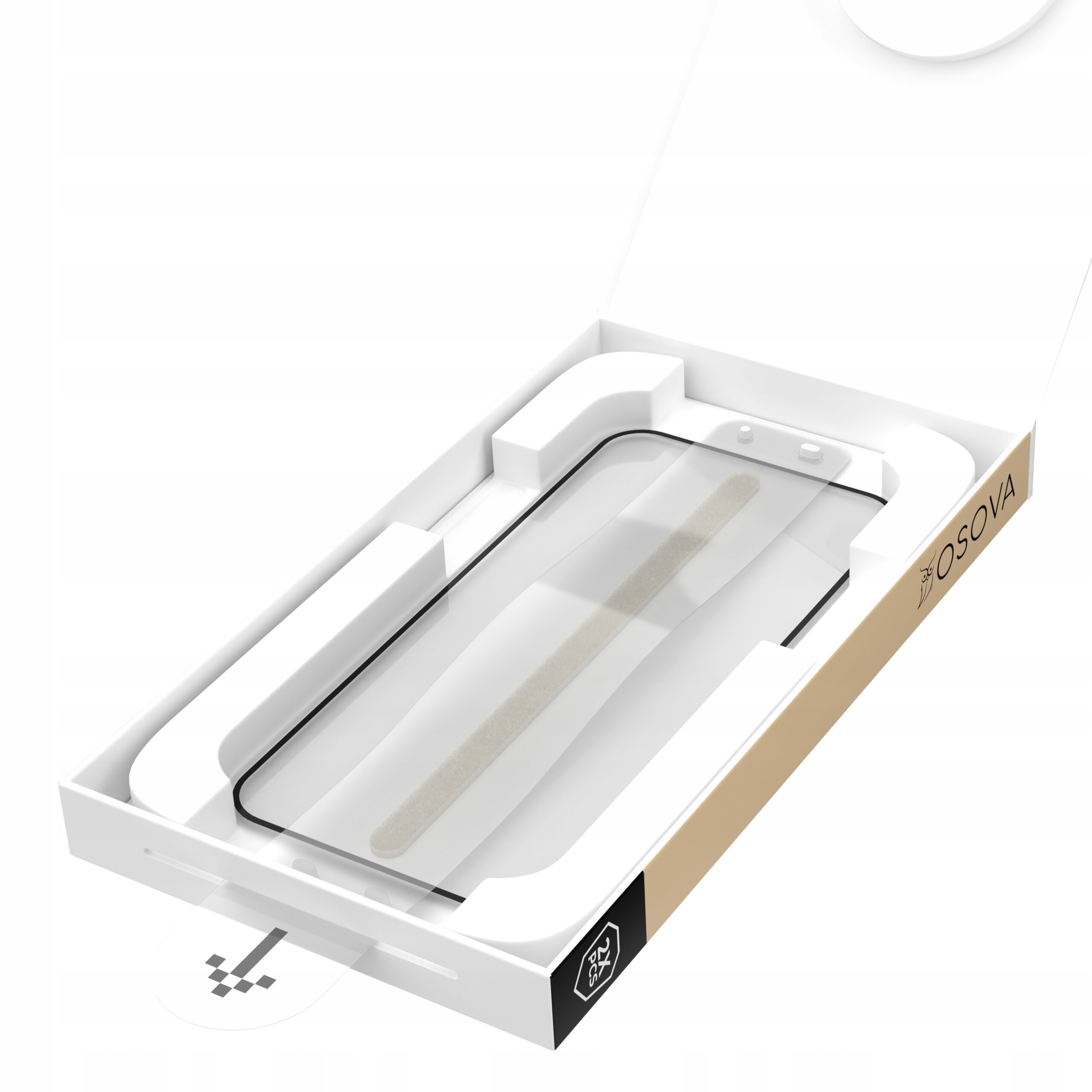 Opakowanie zawierające szkło hartowane Osova do iPhone 17 Pro Max z aplikatorem, widoczne jest logo \'OSOVA\' na boku pudełka.