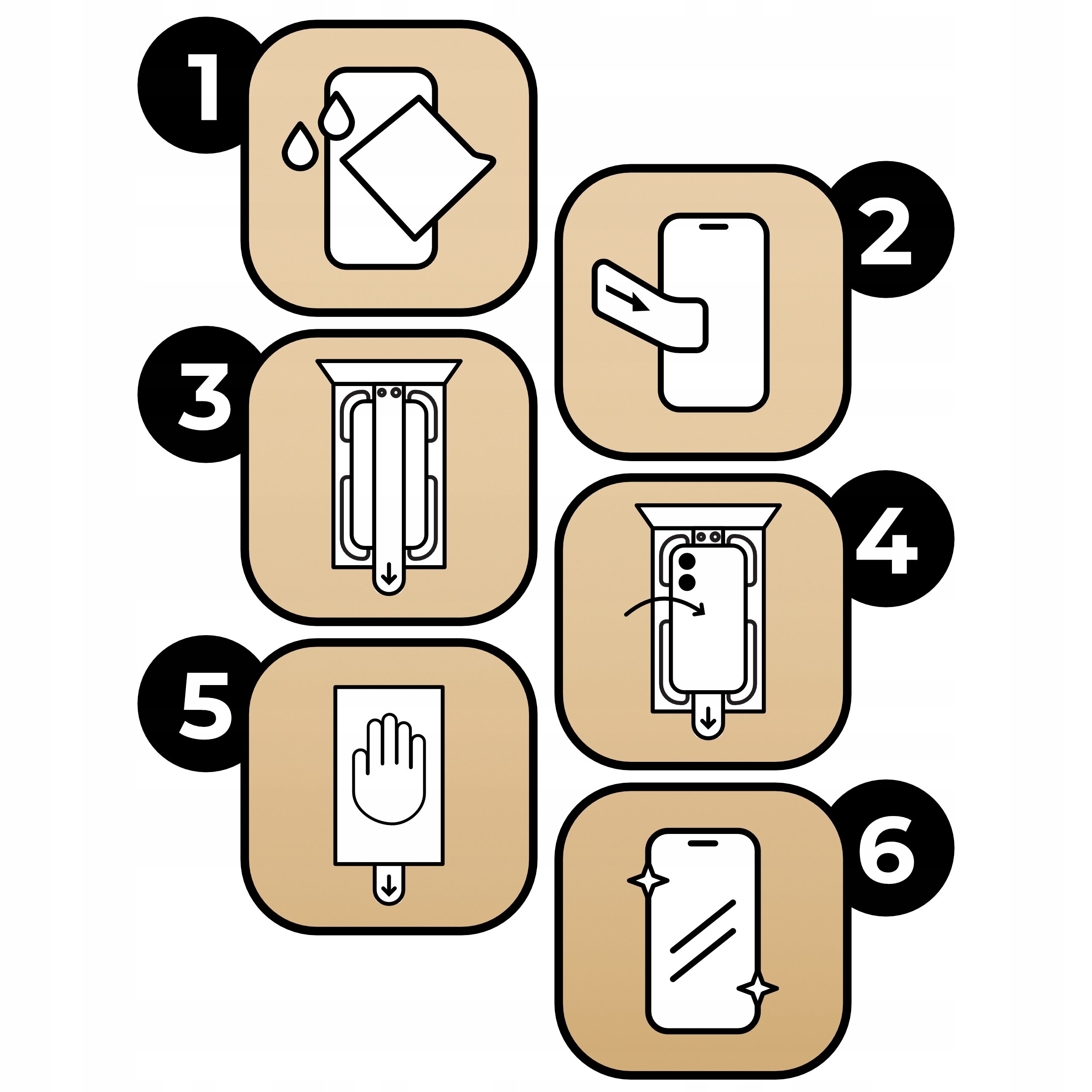 Ilustracja przedstawia sześć kroków aplikacji szkła hartowanego na telefon, oznaczone numerami od 1 do 6, z ikonami pokazującymi kolejność czynności.
