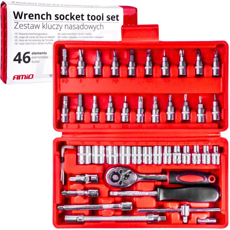 Zestaw kluczy nasadowych w czerwonym etui z napisem \'Wrench socket tool set Zestaw kluczy nasadowych 46 elements elementów kusov\' oraz logo \'AMiO\'.