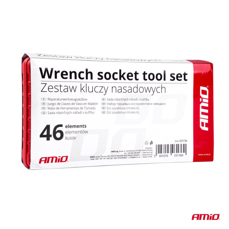 Opakowanie zestawu kluczy nasadowych z napisem \'Wrench socket tool set\' oraz \'Zestaw kluczy nasadowych\'. Widoczne logo \'AMiO\' i informacja o 46 elementach.