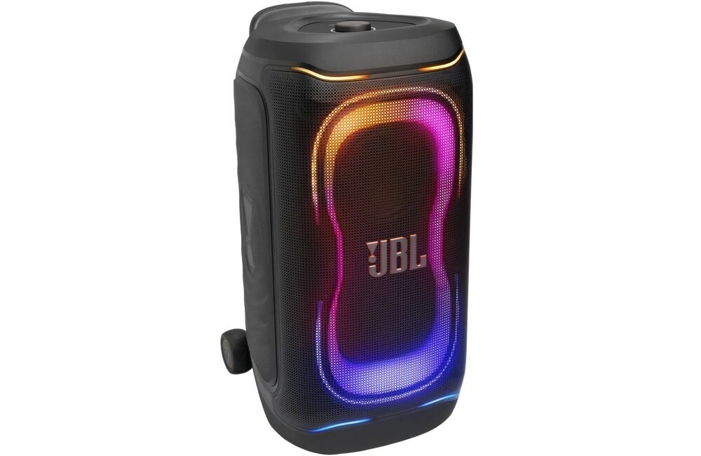 Czarny głośnik z podświetleniem LED w kolorach tęczy i logo JBL na przedniej części. Głośnik ma zaokrąglony kształt i uchwyt na górze.