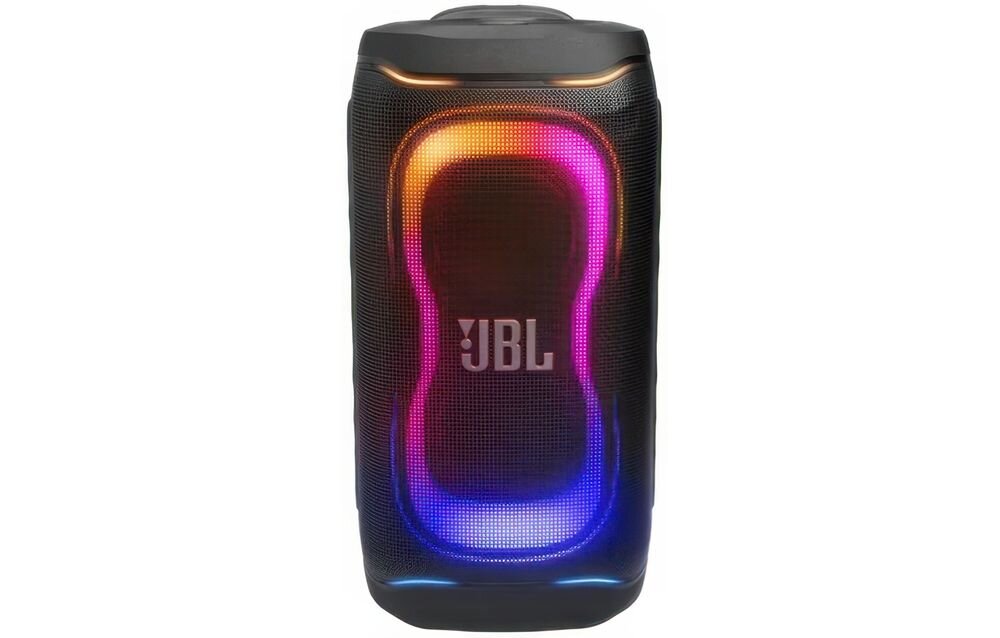 Czarny głośnik z podświetleniem LED w kolorach tęczy i logo \'JBL\' na przedniej siatce.