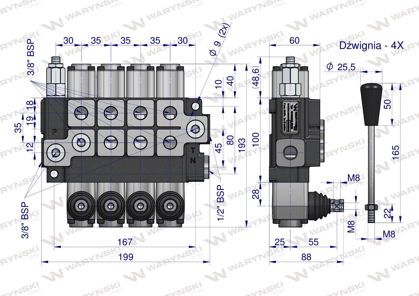 Schemat rozdzielacza hydraulicznego z oznaczeniami wymiarów i tekstem \'Dźwignia - 4X\'. Widoczne logo \'WARYŃSKI\' w tle.