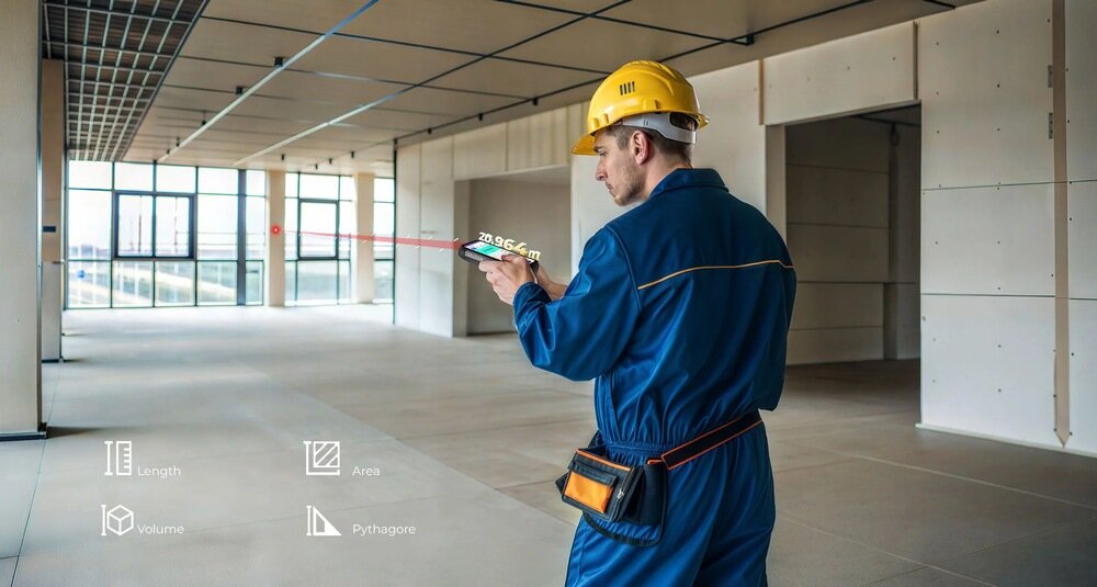 Osoba w kasku i kombinezonie mierzy odległość w dużym, pustym pomieszczeniu za pomocą urządzenia laserowego. Na obrazie widoczne są ikony z napisami: Length, Area, Volume, Pythagore.