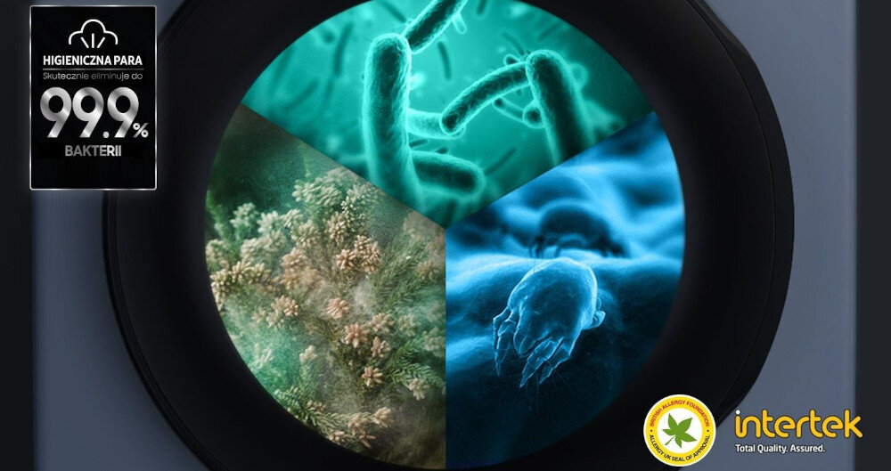 Obraz przedstawia zbliżenie na okrągły element z trzema różnymi mikroskopowymi obrazami: bakterie, rośliny i mikroorganizmy. Po lewej stronie widoczny jest tekst: \'HIGIENICZNA PARA Skutecznie eliminuje do 99.9% BAKTERII\', a w prawym dolnym rogu znajduje się logo \'intertek Total Quality Assured\'.