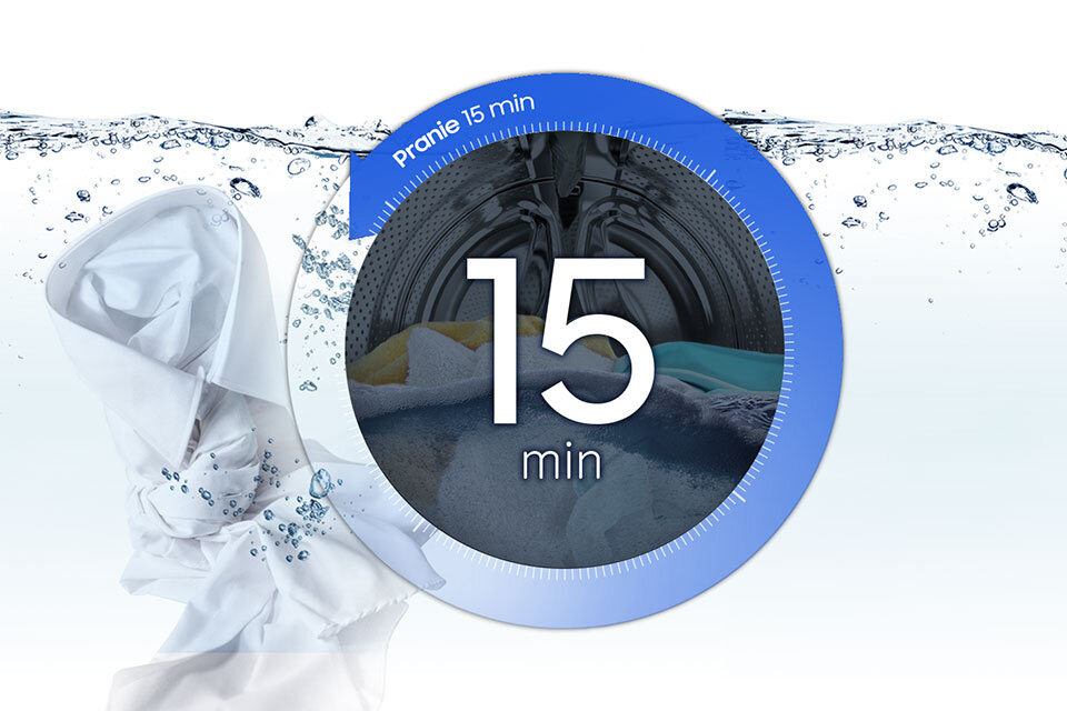 Obraz przedstawia pralkę z widocznym bębnem, otoczoną wodą i bąbelkami. Na środku znajduje się napis \'15 min\', a na górze \'pranie 15 min\'.