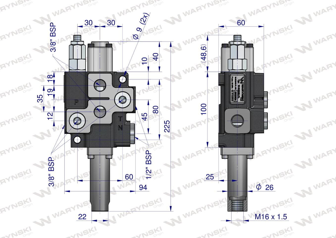 Rysunek techniczny przedstawiający rozdzielacz hydrauliczny z wymiarami w milimetrach oraz oznaczeniami gwintów BSP. Widoczne logo \'WARYŃSKI\' w tle.