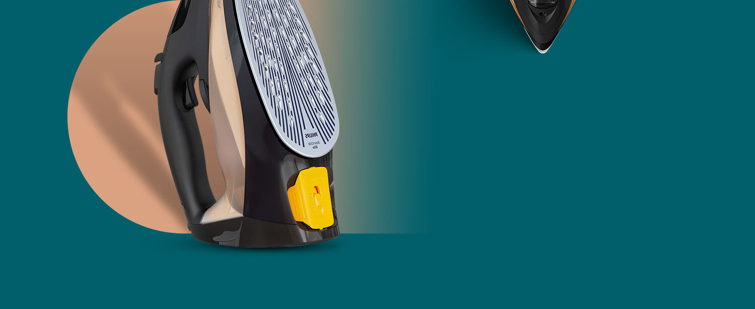 Obraz przedstawia żelazko z widoczną stopą grzewczą i żółtym elementem na ciemnym tle. Na stopie grzewczej widoczny jest napis \'PHILIPS\'.