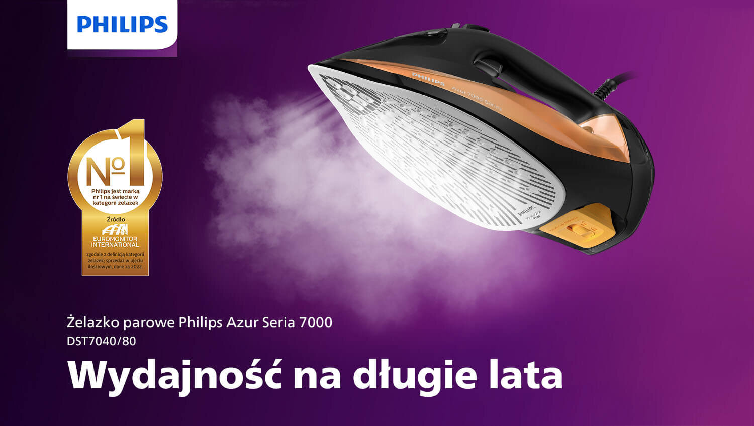 Obraz przedstawia żelazko parowe marki Philips z serii Azur 7000, model DST7040/80, na fioletowym tle. Widoczny jest tekst: \'Wydajność na długie lata\' oraz logo Philips.