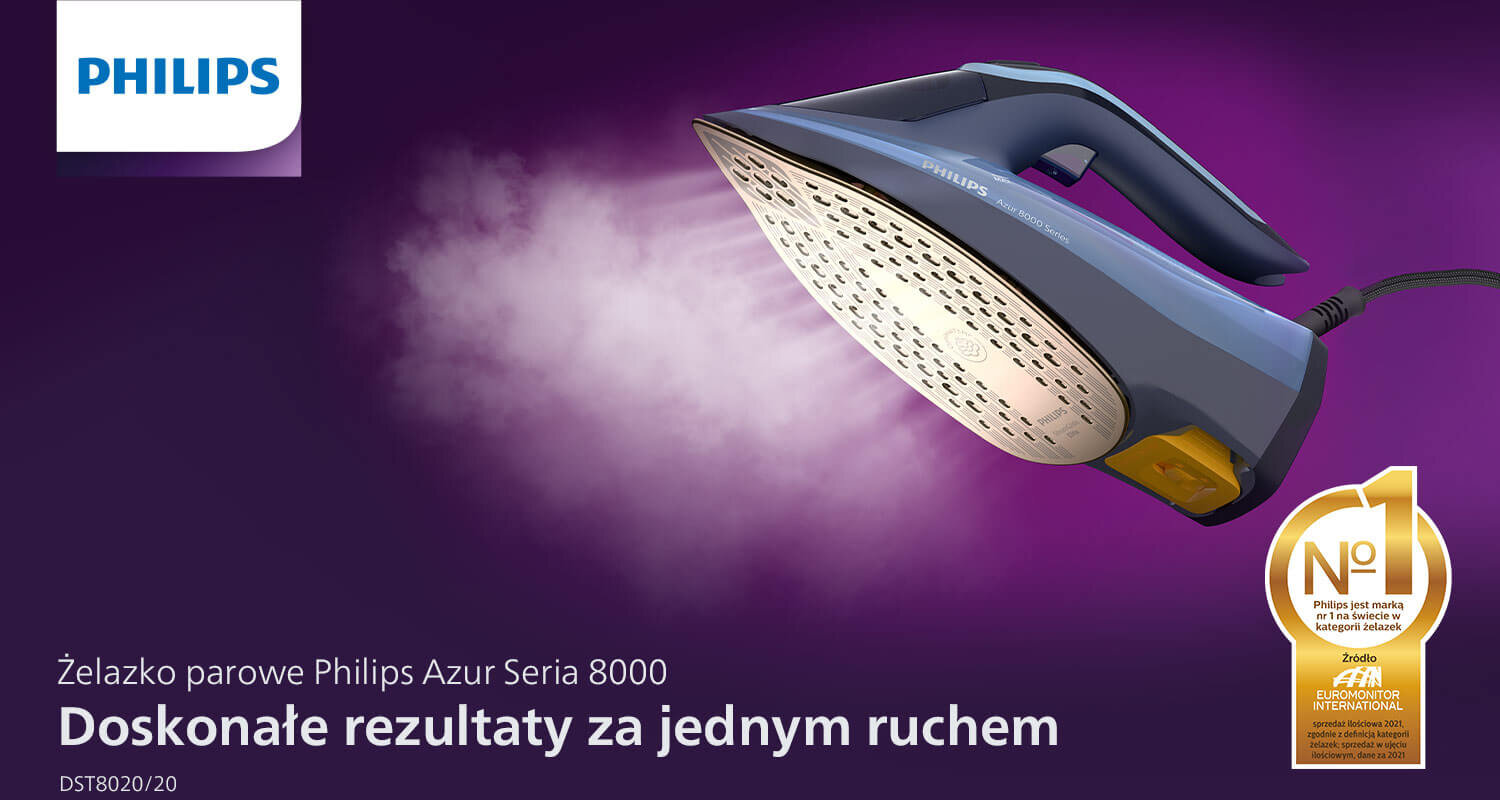 Obraz przedstawia żelazko parowe Philips Azur Seria 8000 z widoczną stopą żelazka emitującą parę. Na dole znajduje się tekst: \'Żelazko parowe Philips Azur Seria 8000 Doskonałe rezultaty za jednym ruchem DST8020/20\'.