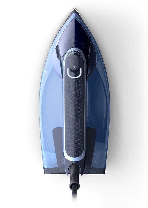 Zdjęcie przedstawia żelazko w kolorze niebieskim z widocznym napisem \'OptimalTEMP\' na uchwycie. Żelazko ma nowoczesny design i przewód zasilający u dołu.