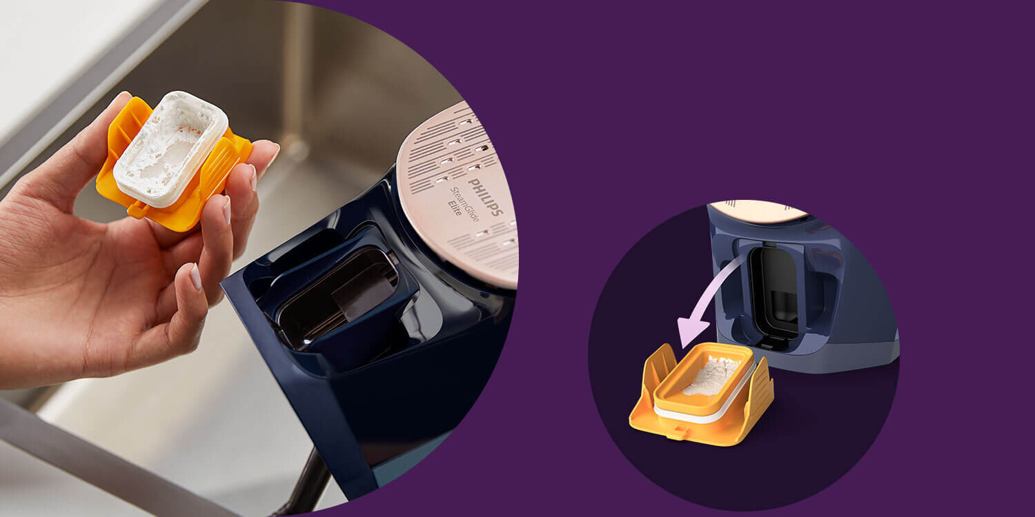 Osoba trzyma żółty pojemnik z przezroczystym elementem, obok żelazka z widocznym otworem. Na żelazku widoczny jest napis \'PHILIPS\'.