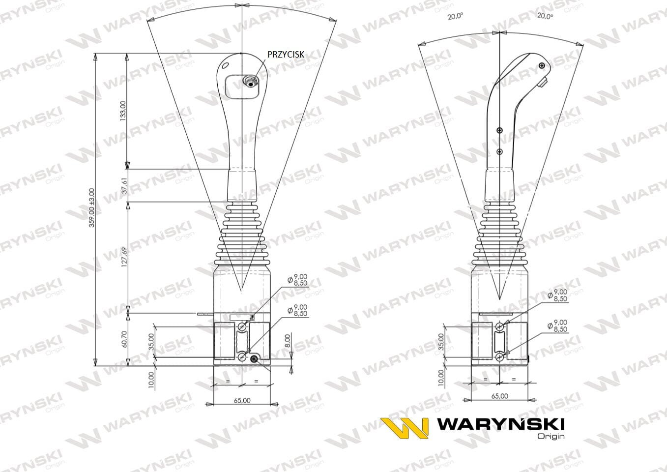 Rysunek techniczny joysticka z przyciskiem, z widocznymi wymiarami i oznaczeniami. Logo \'WARYŃSKI\' znajduje się w prawym dolnym rogu.