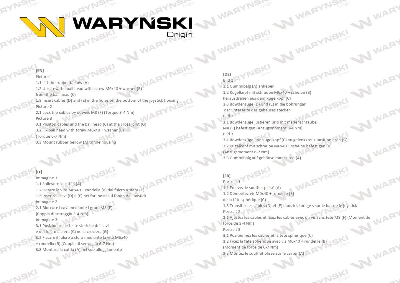 Obraz przedstawia instrukcję montażu joysticka z tekstem w czterech językach: angielskim, niemieckim, włoskim i francuskim. Na górze widoczne jest logo \'WARYŃSKI Origin\'.